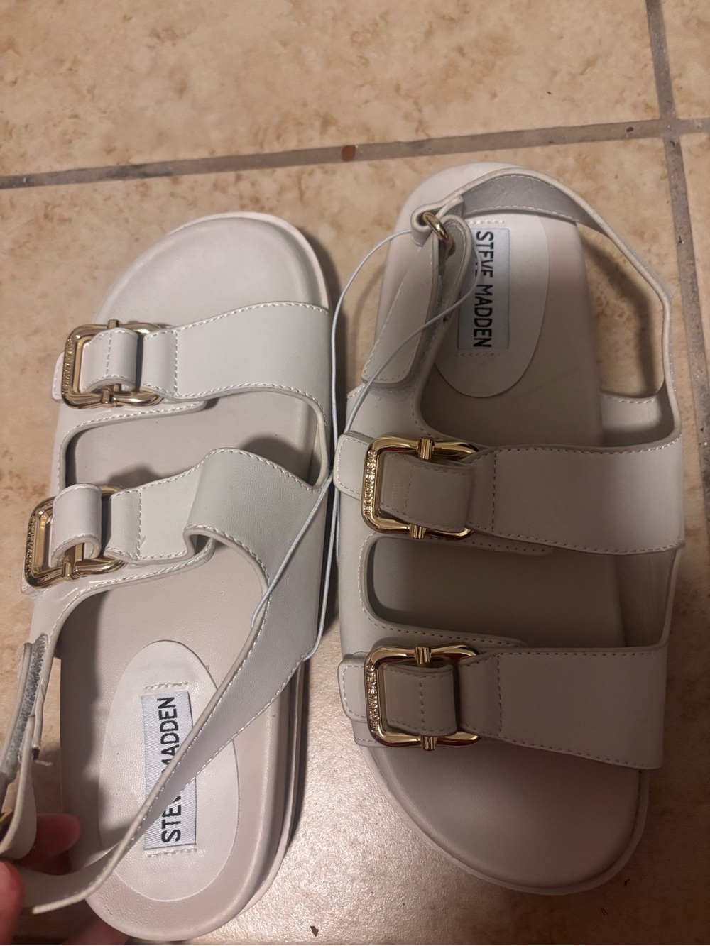Steve Madden White Sandal with Gold Buckles